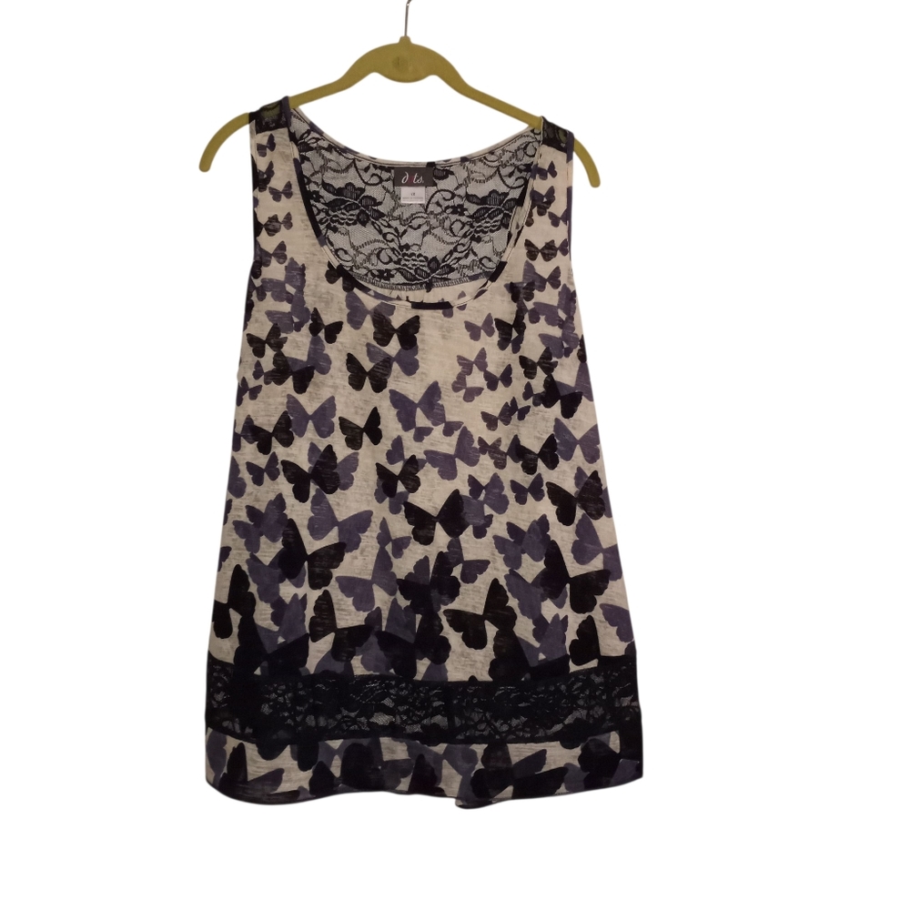 dots 1X Boho Burnout Butterfly Print Lace Accents Sleeveless Pullover Top Blue